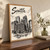 Seattle city view full-bleed print styled in Original angled oak-console; frame and props not included