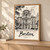 Boston city view full-bleed print styled in Light oak-console; frame and props not included