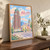 Milwaukee city view full-bleed print styled in Original angled oak-console; frame and props not included