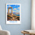 Naxos bordered print styled in White frame / blue sitting room; frame and props not included