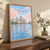 Tampa city view full-bleed print styled in Original angled oak-console; frame and props not included