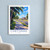 Chetumal city view bordered print styled in White frame / blue sitting room; frame and props not included