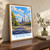 Temirtau city view bordered print styled in Original angled oak-console; frame and props not included