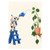 Small pale robot on a blue step stool watering a drooping green houseplant on a wall shelf.