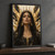 Close portrait of a dark-haired adult woman with spiked gold crown and radiating black and gold marks. in a styling frame; frame not included