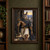 Jackal-headed figure holding a tall staff between carved stone pillars with a sunlit river valley behind.; frame shown for styling only