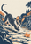Curly-coated cat with upright ears and a long curved tail leaping toward an orange leaf on a garden path.