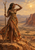 Woman holding a staff and shading her eyes on a rocky overlook above a sunlit desert canyon with distant mesas and birds.