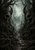 Narrow path through a dead, misty forest framed by enormous horned skull-like forms and gnarled branches.