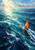 A small sailboat with a bright orange-red triangular sail crosses choppy blue water beneath sunlight breaking through clouds.