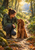 A woman crouches beside a seated red-brown spaniel on a sunlit woodland path, looking toward the dog.