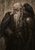 An elderly white-haired, bearded man in dark armor and fur stands between two black ravens against a pale background with faint angular marks.