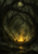 Three distant hooded figures gather around a glowing fire in a moonlit forest beside a reflective stream.