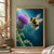 Fuzzy black-and-golden bee hovering beside a large violet thistle against a deep teal-blue background with glowing pollen-like specks.; frame shown for styling only