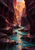 A turquoise stream winds through shadowed plum-colored canyon walls toward a distant opening glowing with amber and apricot light.