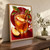 A steaming glass mug of amber apple cider with a floating apple slice and cinnamon stick, beside a cut apple wedge and autumn leaves on a cream background with a red circle.; frame shown for styling only