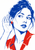 Close portrait of a woman listening with one hand cupped behind her ear, drawn in cobalt blue with vermilion clothing and earring on white.