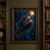 Large anglerfish with an arcing gold-white lure, open jaws, and cyan highlights in dark indigo water.; frame shown for styling only
