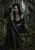 Black-haired crowned woman with tattoos sits among moss-covered ruins between two ravens.