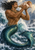 Long-haired man with a scaled fish tail blowing a large shell amid crashing waves and spray.