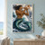 Long-haired man with a scaled fish tail blowing a large shell amid crashing waves and spray.; frame shown for styling only
