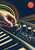 A hand turns a large synthesizer knob on an angled panel surrounded by smaller controls, keyboard keys and abstract graphic bands.