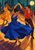 Three adult dancers turn on a wooden floor: a woman in a cobalt skirt holds hands with a man in red, with a dancer in golden yellow behind them.