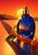 Cobalt-blue perfume atomizer with orange peel and a green leaf against an orange sunset over reflective water.