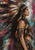 Profile portrait of a woman wearing a beaded headpiece and feathered adornment, with long feathers sweeping across a textured charcoal, rust and turquoise background.