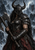 Armored woman in a closed horned helmet holding a large battle axe before ruined towers and jagged mountains.