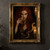 Red-haired woman in dark lace holding a gold-toned goblet, with a large snake and two lit candles beside her.; frame shown for styling only