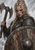 A stern blonde warrior in scale-like armor holds a double-headed axe behind a wooden round shield marked with blood.