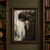 Woman in profile partly concealed by dark foliage, with flowers in her hair against a pale distressed wall.; frame shown for styling only