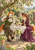 Two dressed foxes share tea at a lace-covered table with floral china beneath flowering branches in a garden.