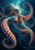 A large octopus with a visible eye and curling sucker-lined arms swims through dark water before a glowing cloud of plankton-like specks.
