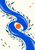 Broad cobalt S-curve around a small orange disc with scattered teal and orange leaf-like marks on warm white.