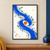 Broad cobalt S-curve around a small orange disc with scattered teal and orange leaf-like marks on warm white.; frame shown for styling only