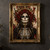 Woman with skull-style face paint, gold spike halo, red roses and black rib-cage patterned clothing.; frame shown for styling only