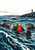 Three sea otters in choppy navy and turquoise water; the central otter floats on its back holding a red buoy-like object.