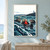 Three sea otters in choppy navy and turquoise water; the central otter floats on its back holding a red buoy-like object.; frame shown for styling only