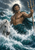 Bearded figure holding a trident rises from stormy ocean waves beside a white horse.