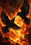 Two black ravens with outstretched wings facing one another against flames above a dark rocky ravine.