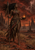 Woman holding a spear and flaming bowl in a red rocky landscape beneath lightning.