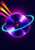 Electric-lilac vinyl record with fine grooves encircled by a glowing turquoise ribbon, with tangerine, yellow, and pink beams against a midnight-violet background.