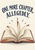 Arched hand-lettered words “ONE MORE CHAPTER, ALLEGEDLY.” above an open book with curling pages, rust-colored edges, and small dark accent marks on warm ivory.