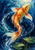 Golden koi with orange-red markings swimming upward through blue swirling water, bubbles, and water-lily foliage.