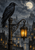 Black raven perched on an ornate street lamp with a glowing lantern, full moon, and gothic city skyline behind it.