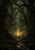 Small gathering around a bonfire in a foggy forest, with tall twisted trees and a stream reflecting the fire.