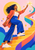 A woman in a coral jacket and cobalt trousers climbs a curving golden stair-like ribbon toward a starburst.