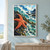 Spotted red-orange sea star on dark coastal rock amid turquoise breaking surf, with kelp, shells, a distant shore, and a flying seabird.; frame shown for styling only